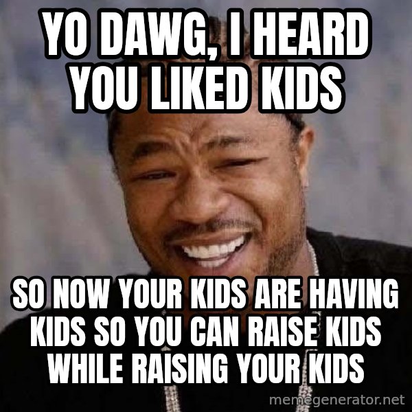 Yo Dawg meme: Yo dawg,  i heard you liked kids / so now your kids are having kids so you can raise kids while raising your kids