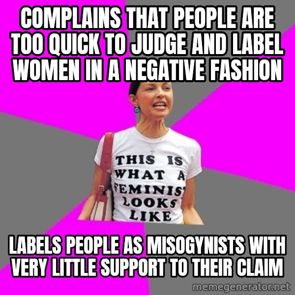 Feminist Cunt meme: Complains that people are too quick to judge and label women in a negative fashion / labels people as misogynists with very little support to their claim