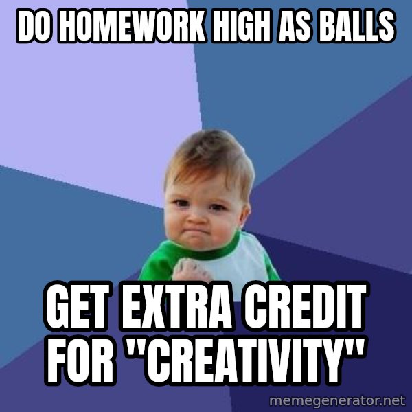 Success Kid meme: Do homework high as balls / get extra credit for "creativity"