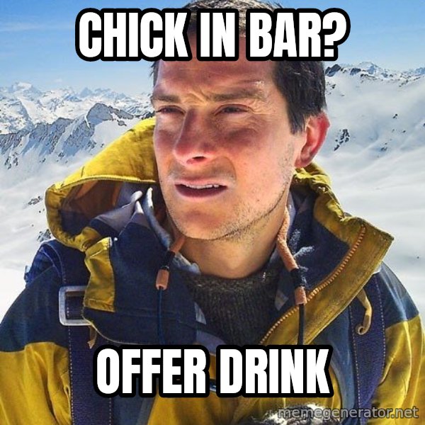 Bear Grylls meme: chick in bar? / offer drink
