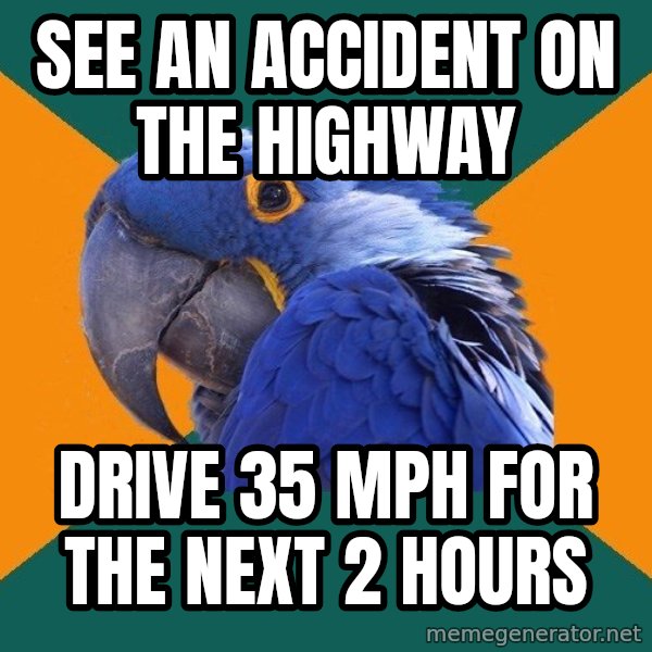 Paranoid Parrot meme: See aN Accident on the highway / Drive 35 mph for the next 2 hours