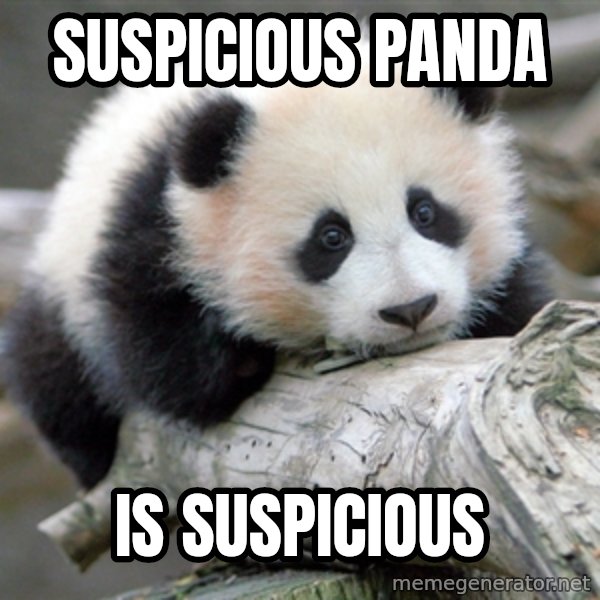sad panda meme: suspicious PANDA / is suspicious