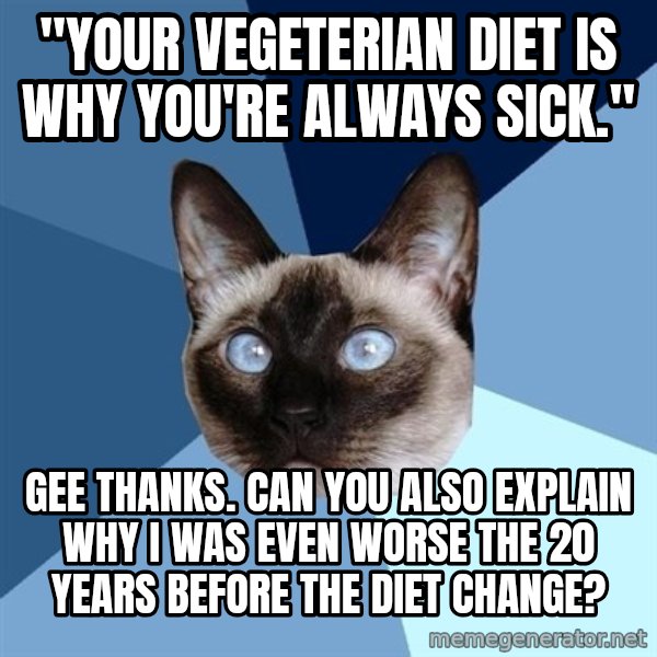 Chronic Illness Cat meme: "Your vegeterian diet is why you're always sick." / Gee thanks. Can you also explain why I was even worse the 20 years before the diet change?