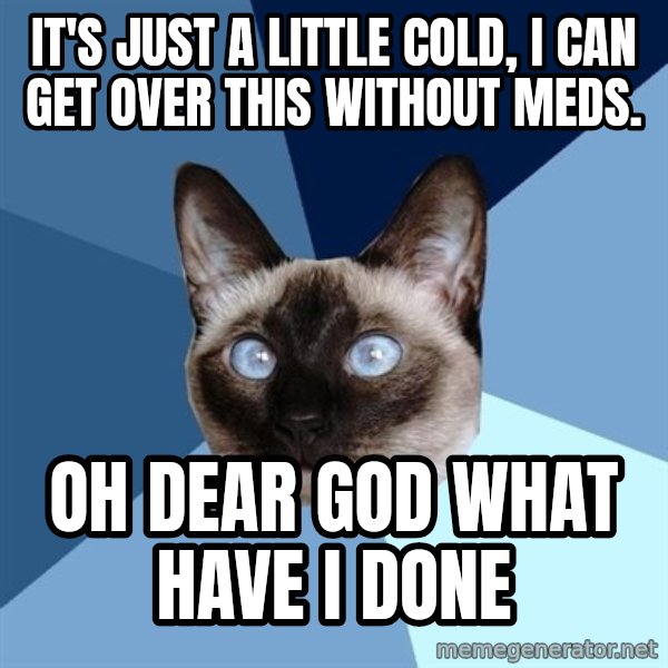 Chronic Illness Cat meme: It's just a little cold, I can get over this without meds. / OH dear god what have i done