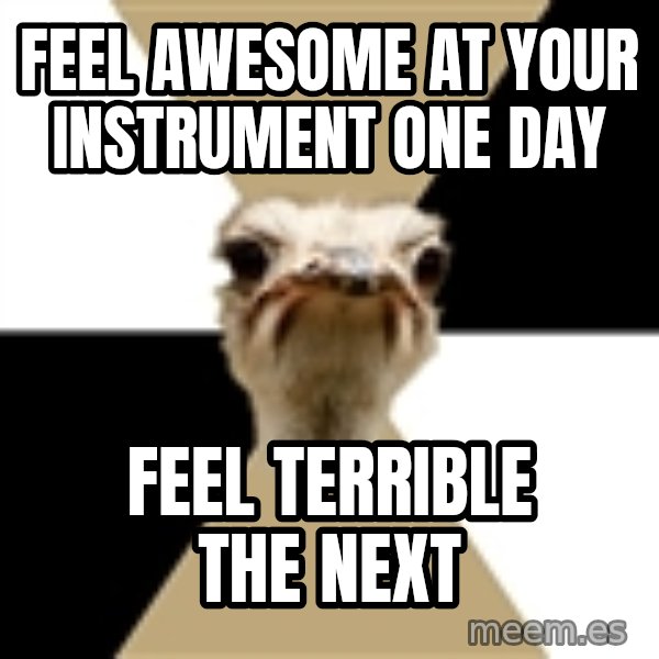 Music Major Ostrich meme: Feel awesome at your instrument one day / feel terrible the next