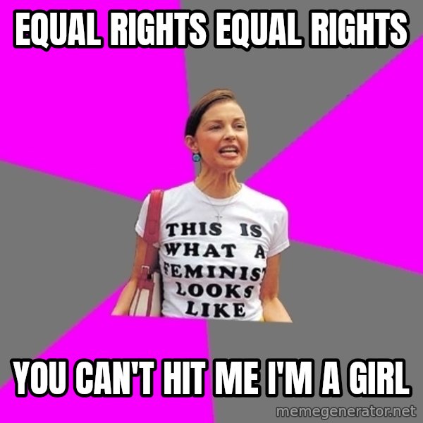 Feminist Cunt meme: EQUAL RIGHTS EQUAL RIGHTS / YOU CAN'T HIT ME I'M A GIRL