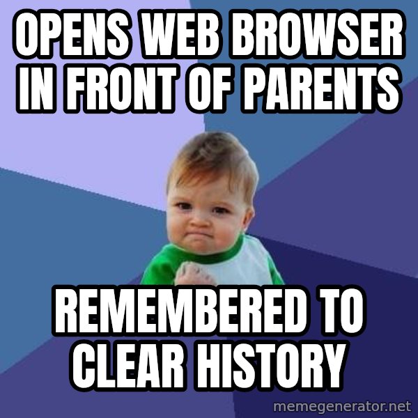 Success Kid meme: opens web browser in front of parents / remembered to clear history