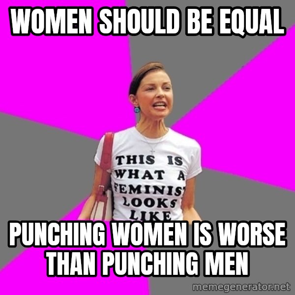 Feminist Cunt meme: women should be equal / punching women is worse than punching men