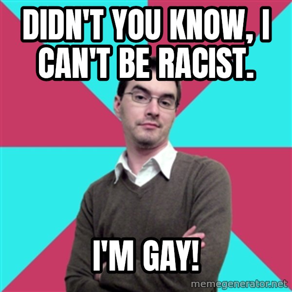 Privilege Denying Dude meme: DIDN'T YOU KNOW, I CAN'T BE RACIST. / I'M GAY!