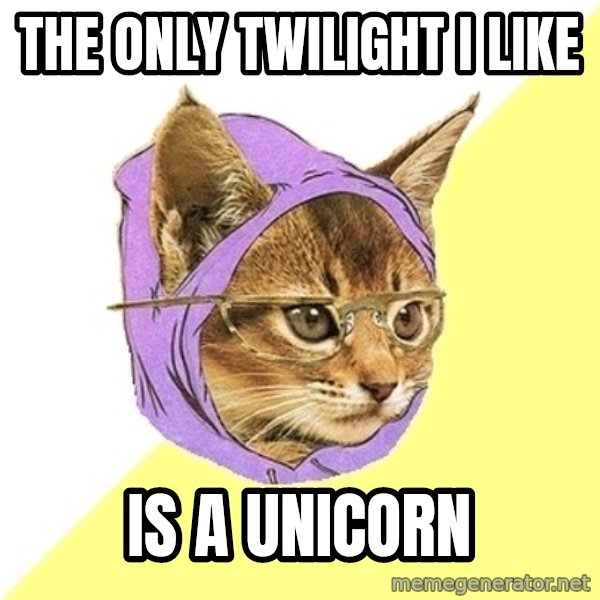 Hipster Kitty meme: The only twilight i like / IS A UNICORN