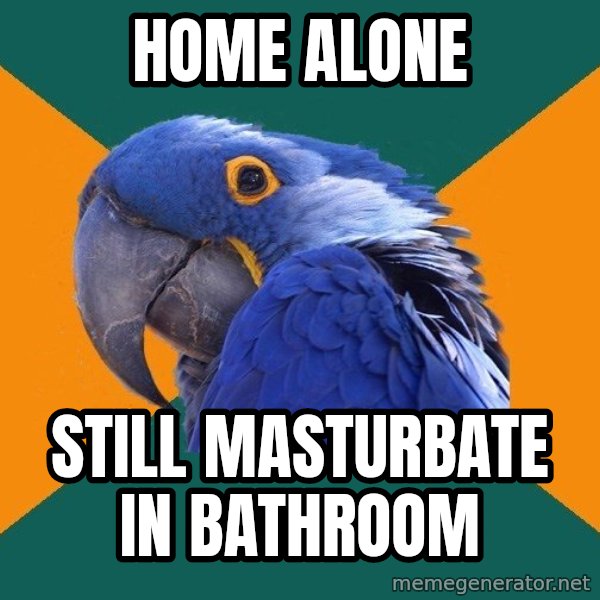 Paranoid Parrot meme: home alone / still masturbate in bathroom