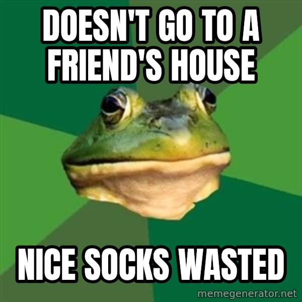 Foul Bachelor Frog meme: Doesn't go to a friend's house / nice socks wasted