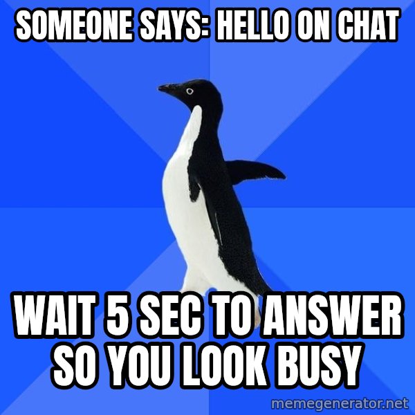 Socially Awkward Penguin meme: someone says: hello on chat / wait 5 sec to answer so you look busy