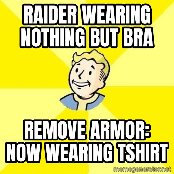 Fallout 3 meme: RAIDER WEARING NOTHING BUT BRA / remove armor: now wearing tshirt