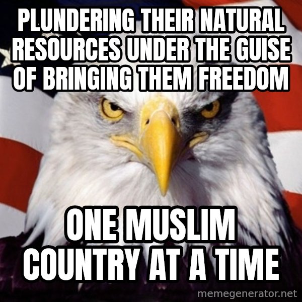 American Pride Eagle meme: plundering their natural resources under the guise of bringing them freedom / one muslim country at a time