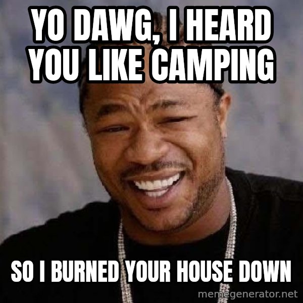 Yo Dawg meme: Yo dawg, I heard you like camping / so I burned your house down