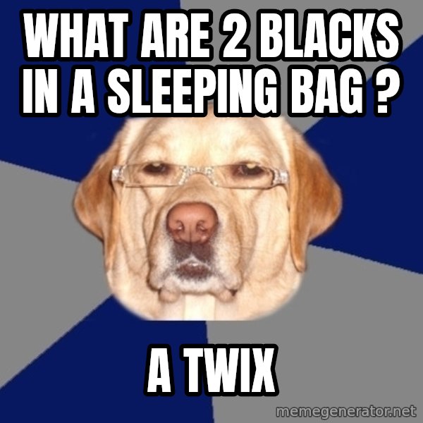 Racist Dog meme: WHat are 2 blacks in a sleeping bag ? / A twix