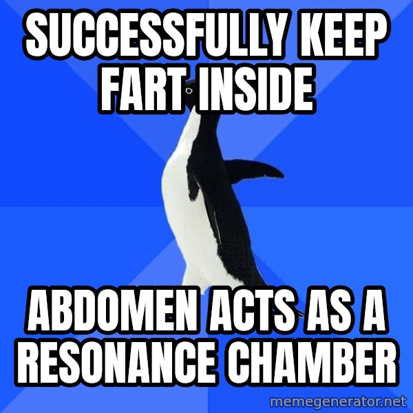 Socially Awkward Penguin meme: SUCCESSFULLY KEEP FART INSIDE / ABDOMEN ACTS AS A RESONANCE CHAMBER