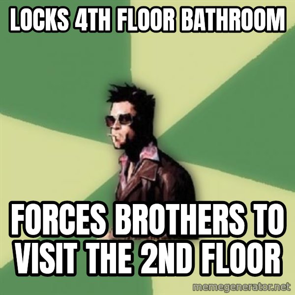 Tyler Durden meme: Locks 4th floor bathroom / forces brothers to visit the 2nd floor