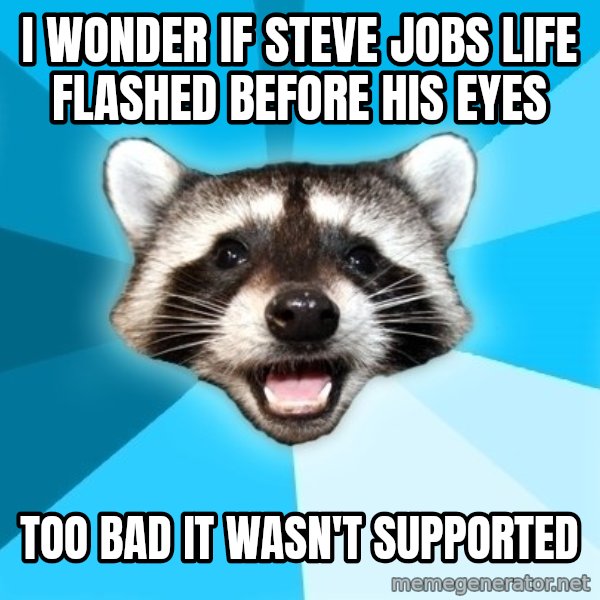 Lame Pun Coon meme: i wonder if steve jobs life flashed before his eyes / too bad it wasn't supported