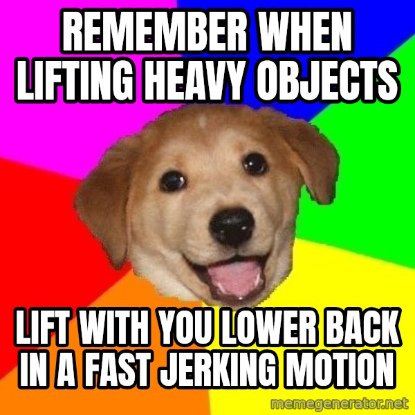 Advice Dog meme: remember when lifting heavy objects / lift with you lower back in a fast jerking motion
