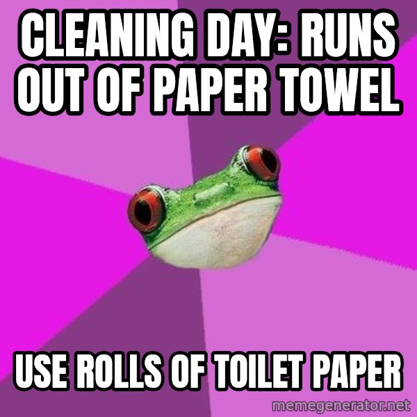 Foul Bachelorette Frog meme: cLEANING DAY: RUNS OUT OF PAPER TOWEL / USE ROLLS OF TOILET PAPER