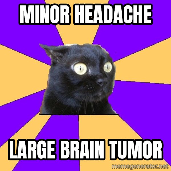 Anxiety Cat meme: minor headache / large brain tumor