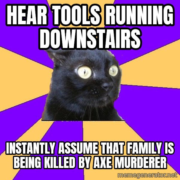 Anxiety Cat meme: Hear tools running downstairs / instantly assume that family is being killed by axe murderer