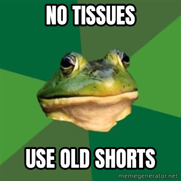 Foul Bachelor Frog meme: No tissues / Use old shorts