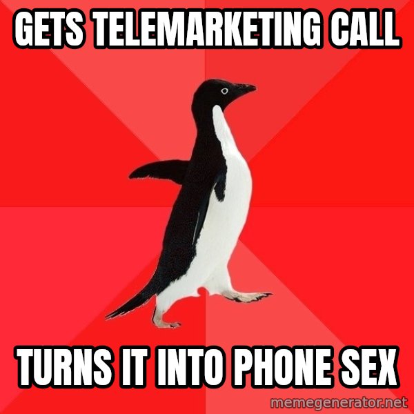 Socially Awesome Penguin meme: gets telemarketing call / turns it into phone sex