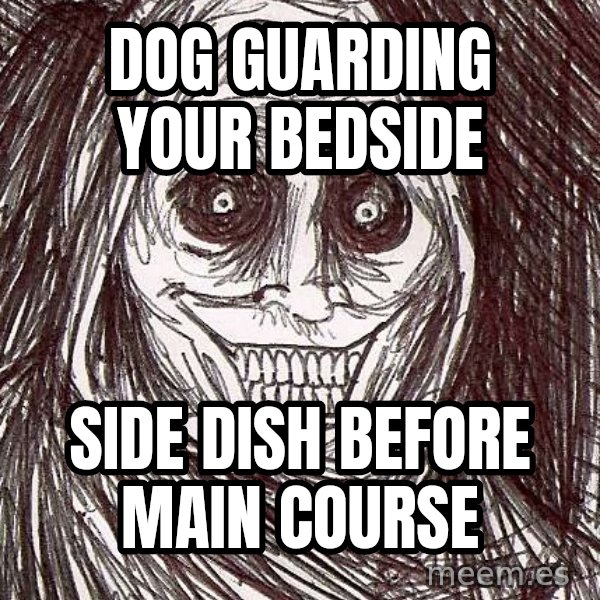 Horrifying House Guest meme: dog guarding your bedside / side dish before main course