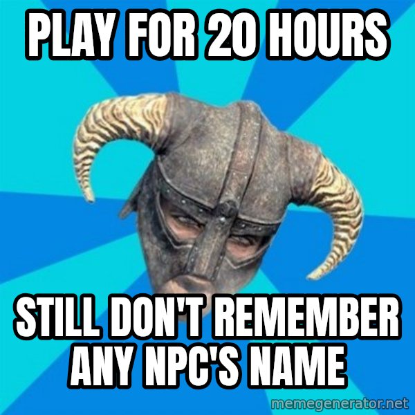 skyrim stan meme: PLAY FOR 20 HOURS / STILL DON'T REMEMBER ANY NPC'S NAME