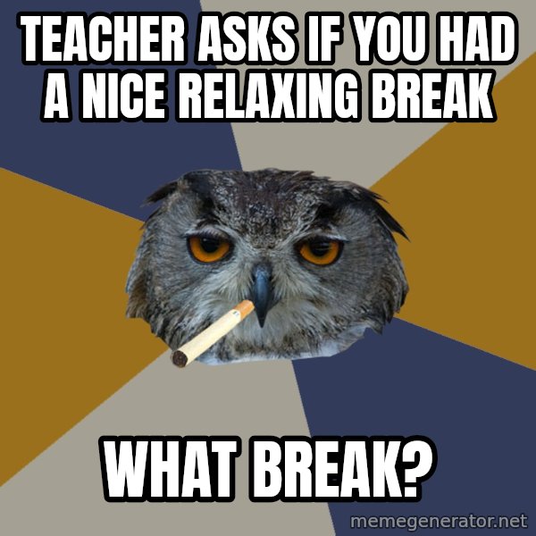Art Student Owl meme: teacher asks if you had a nice relaxing break / what break?