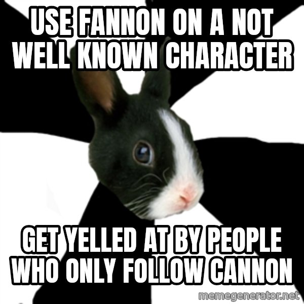 Roleplaying Rabbit meme: use fannon on a not well known character / get yelled at by people who only follow cannon