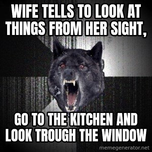 Insanity Wolf meme: Wife tells to look at things from her SIGHT, / go to the kitchen and look trough the window