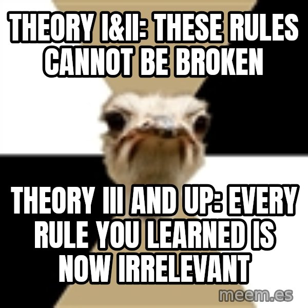 Music Major Ostrich meme: Theory I&II: These rules cannot be broken / Theory III and up: every rule you learned is now IRRELEVANT