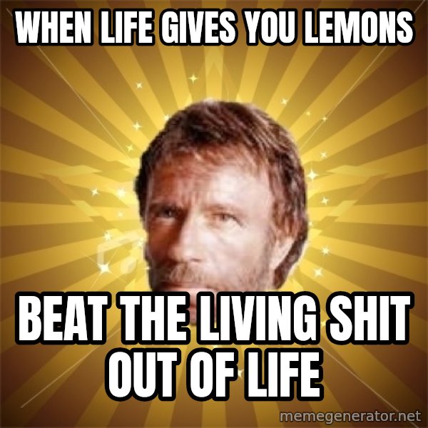 Chuck Norris Advice meme: when life gives you lemons / beat the living shit out of life