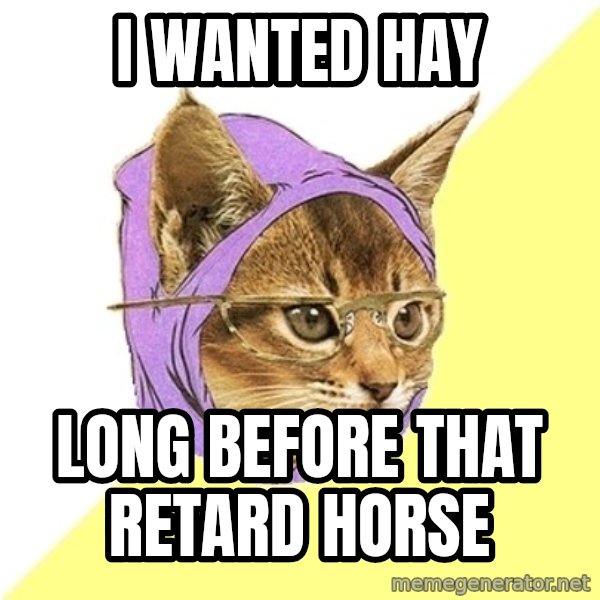 Hipster Kitty meme: I wanted hay / long before that retard horse