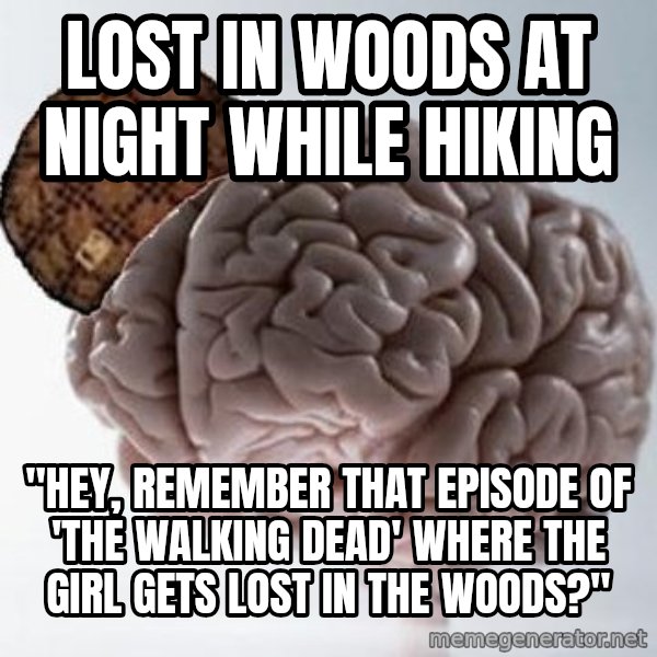 Scumbag Brain meme: Lost in woods at night while hiking / "hey, remember that episode of 'the walking dead' where the girl gets lost in the woods?"