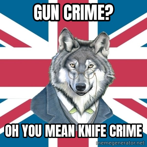 Sir Courage Wolf Esquire meme: Gun Crime? / oh you mean knife crime