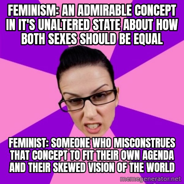 Privilege Denying Feminist meme: Feminism: an admirable concept in it's unaltered state about how both sexes should be equal / feminist: someone who Misconstrues that concept to fit their own agenda and their skewed vision of the world