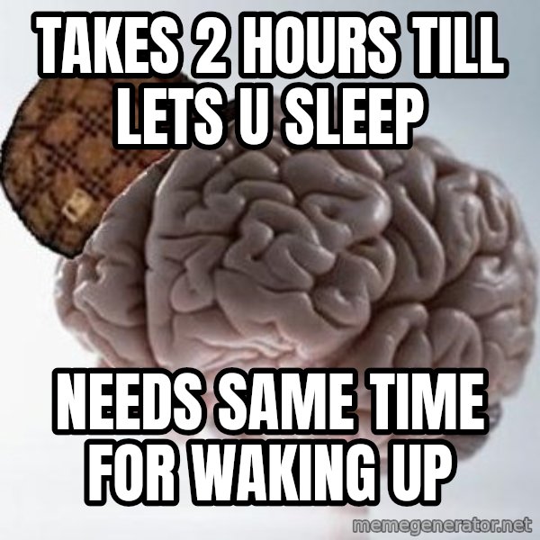 Scumbag Brain meme: takes 2 hours till lets u sleep / needs same time for waking up