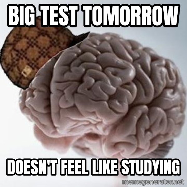 Scumbag Brain meme: Big test tomorrow / Doesn't feel like studying