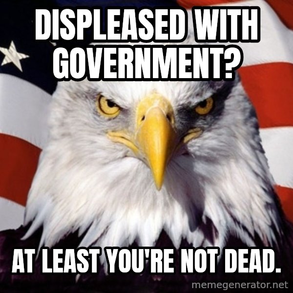 American Pride Eagle meme: displeased with government? / AT least you're not dead.
