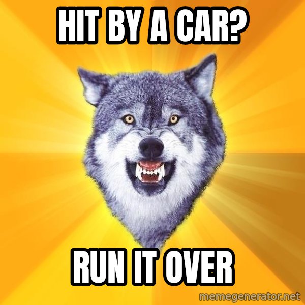 Courage Wolf meme: Hit By a car? / Run it over
