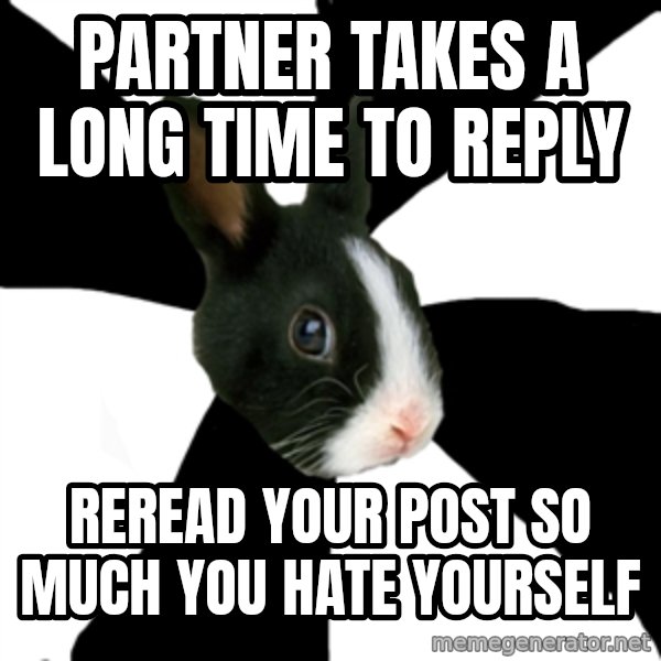 Roleplaying Rabbit meme: partner takes a long time to reply / Reread your post so much you hate yourself
