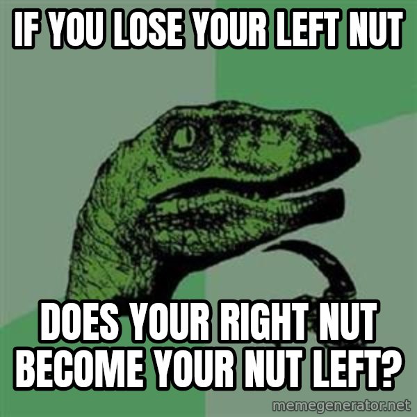 Philosoraptor meme: If you lose your left nut / does your right nut become your nut left?
