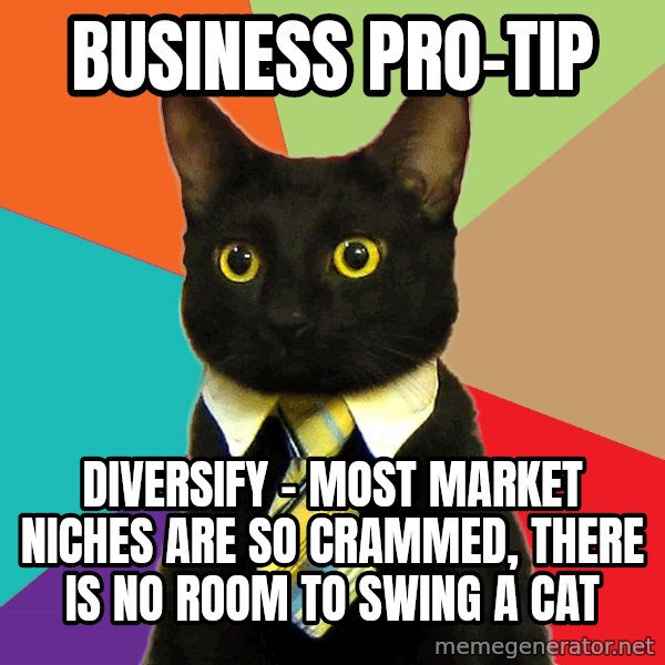 Business Cat meme: business pro-tip / Diversify - most market niches are so crammed, there is no room to swing a cat