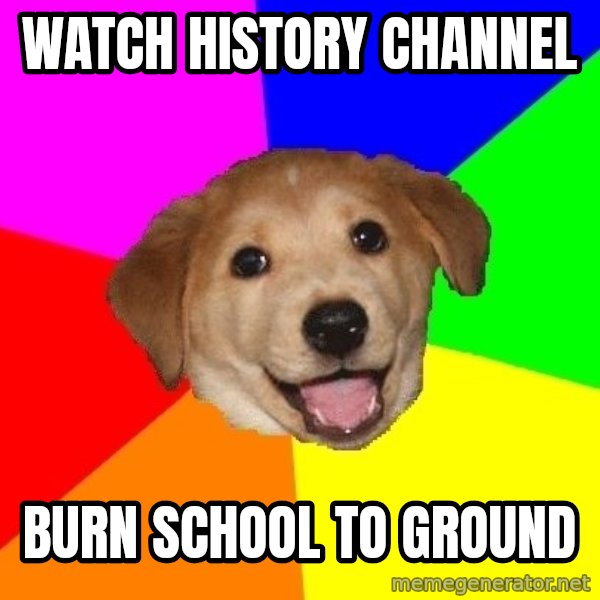 Advice Dog meme: watch history channel / burn school to ground