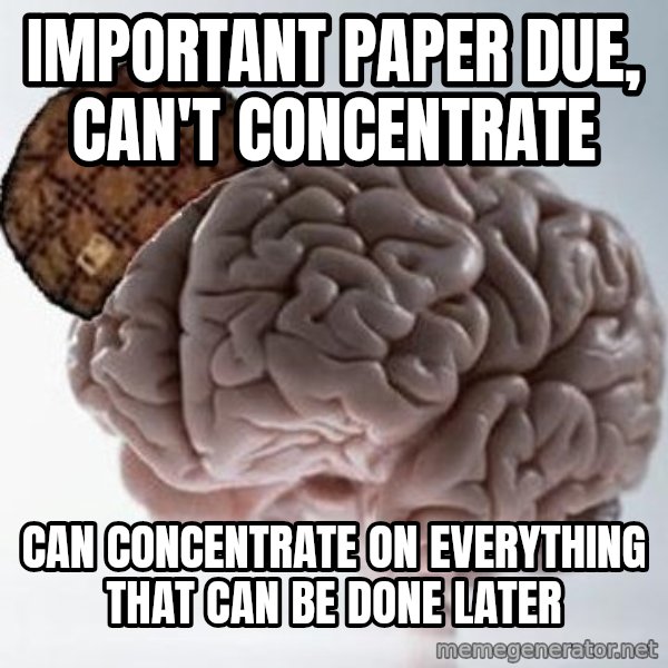 Scumbag Brain meme: Important paper due, can't concentrate / can concentrate on everything that can be done later